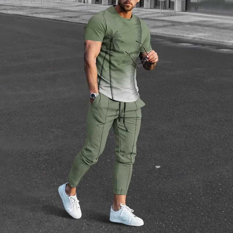 Hawaii Men's T-shirt Pants Tracksuit Coconut Tree 3D Print T Shirts Trousers Set 2 Pieces Streetwear Oversized Suits Sportswear