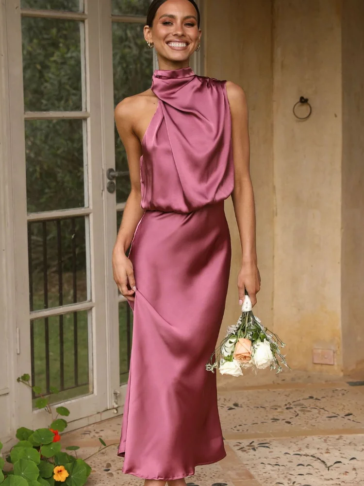 

Women Summer Satin Sexy Long Dress Solid Color Fashion Sleeveless Halter Female Casual Elegant Midi Maxi Dress