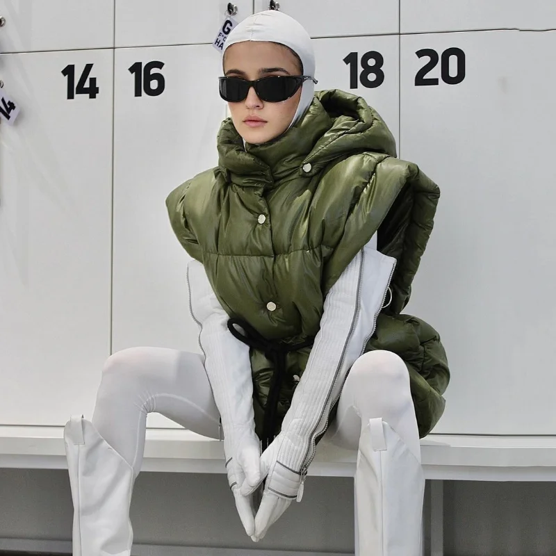 Button Cardigan Waist Tie Elastic Stand Collar Cotton Padded Jacket Womens Sleeve Detachable Cotton Padded Jacket Women