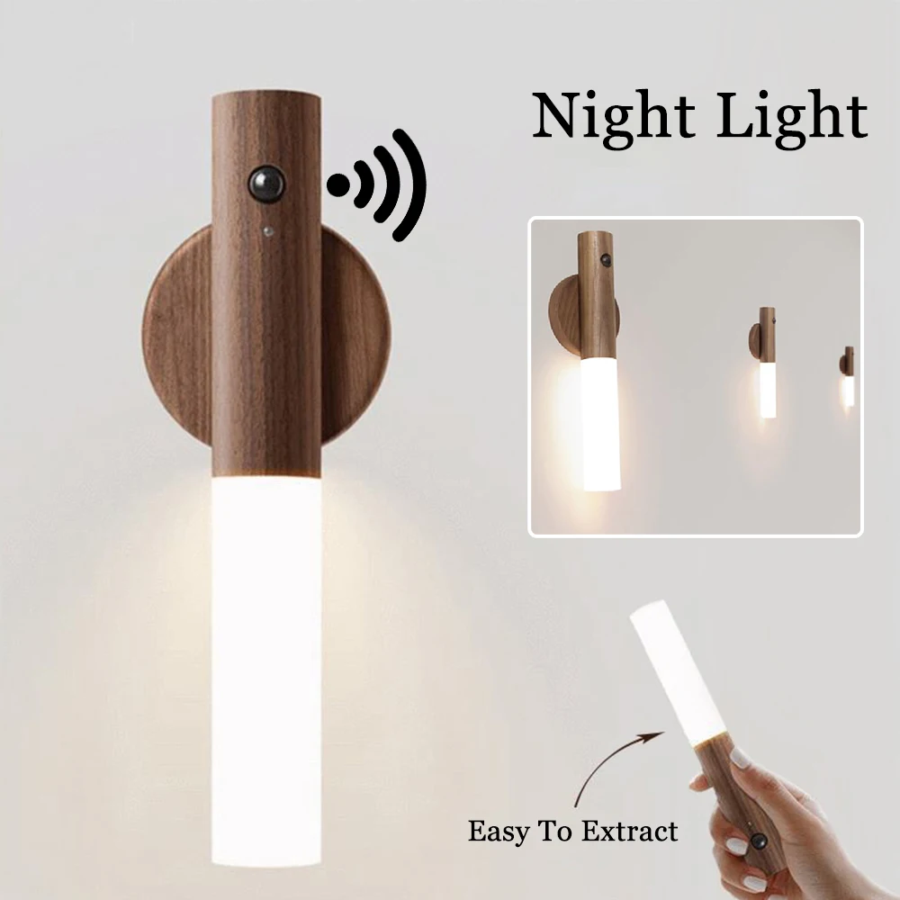 LED Magnetism Wood Night Light Human Body Senser Night Light 3000k/6000k Wireless USB Corridor Cabinet Lighting Light