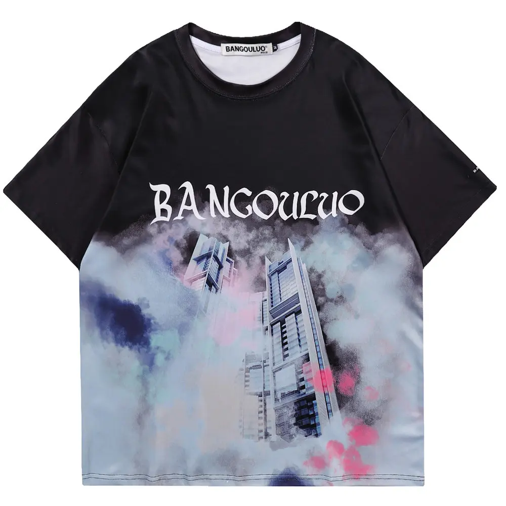 

Oversized T-shirt Digital Print Skyscraper Polyester O-neck Top Men T-shirt Summer Harajuku Casual Streetwear T Shirt for Men