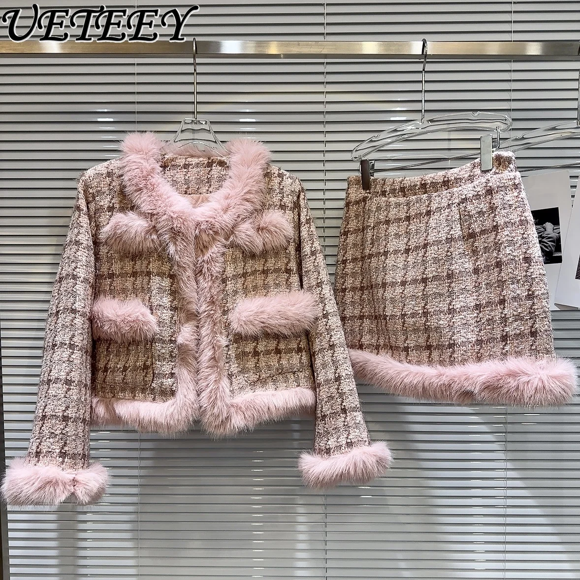 

Новинка Осень-зима 2023, Стеганое теплое твидовое шерстяное пальто для защиты окружающей среды + трапециевидная короткая юбка, комплект из двух предметов