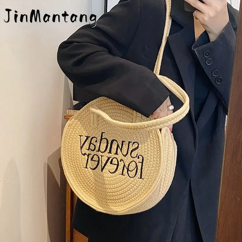 

Casual Cotton Woven Women Handbag Large Capacity Weaving Round Summer Beach Shopper Tote Ladies Travel Bohemia Shoulder Bags