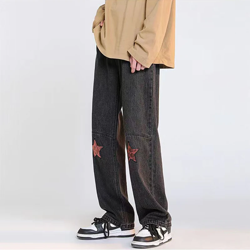 Men Jeans Loose Patchwork Design Embroidered Star Pattern Men and Women Hip Hop Y2k Pants Streetwear High Quality Workwear Jeans