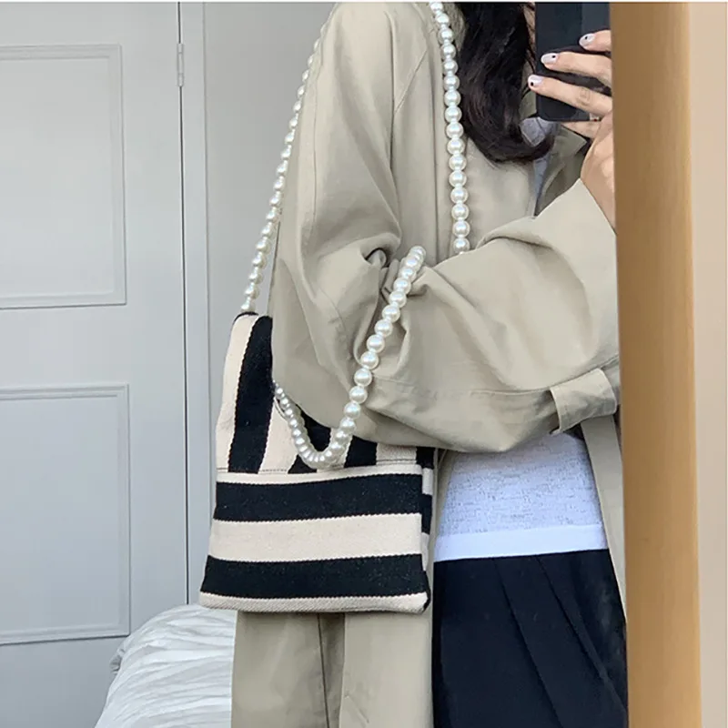 Pearl Chain Striped Canvas Handbag All-match One-shoulder Diagonal Mini Bag Underarm Bag Female Casual Handbag bolsa feminina