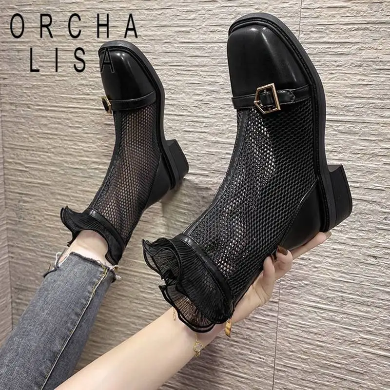 

ORCHA LISA Summer Boots Square Toe Mid Heel 4.5cm Metal Decoration Zipper Lace Breathable Mesh Splice Size 40 Hollow S4169
