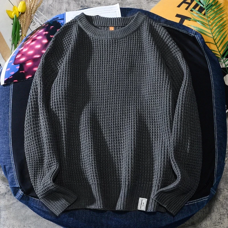 

LN Waffle Knitting Sweater Men's Autumn Clothing Fashion Korean Style Streetwear Loose Warm Solid Color Simple Long Sleeve