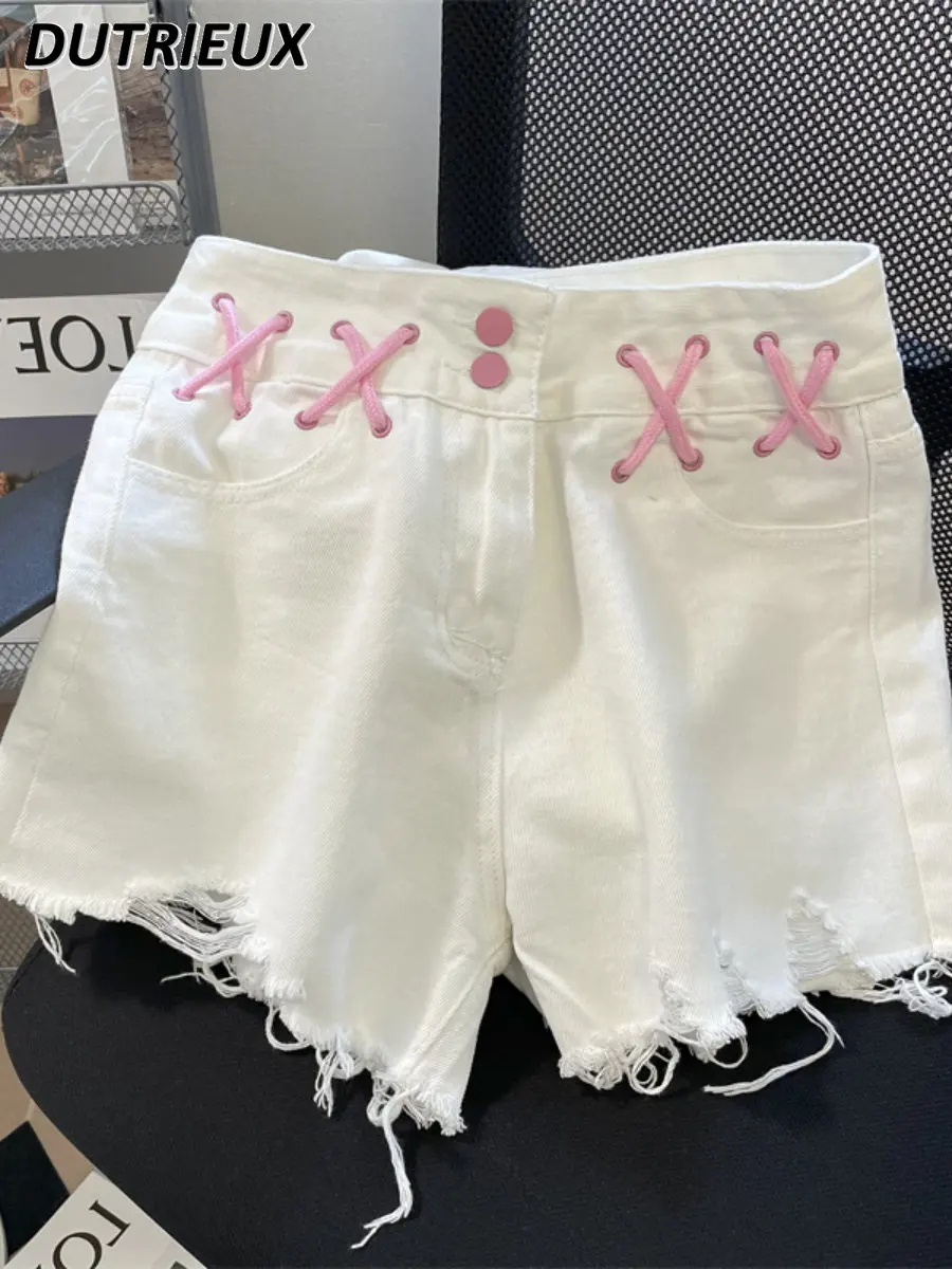 Fashion Sweet Hot Girl Frayed White Denim Shorts Women 2023 Summer New Loose Lolita High Waist Wide Leg Shorts Female Hot Pants