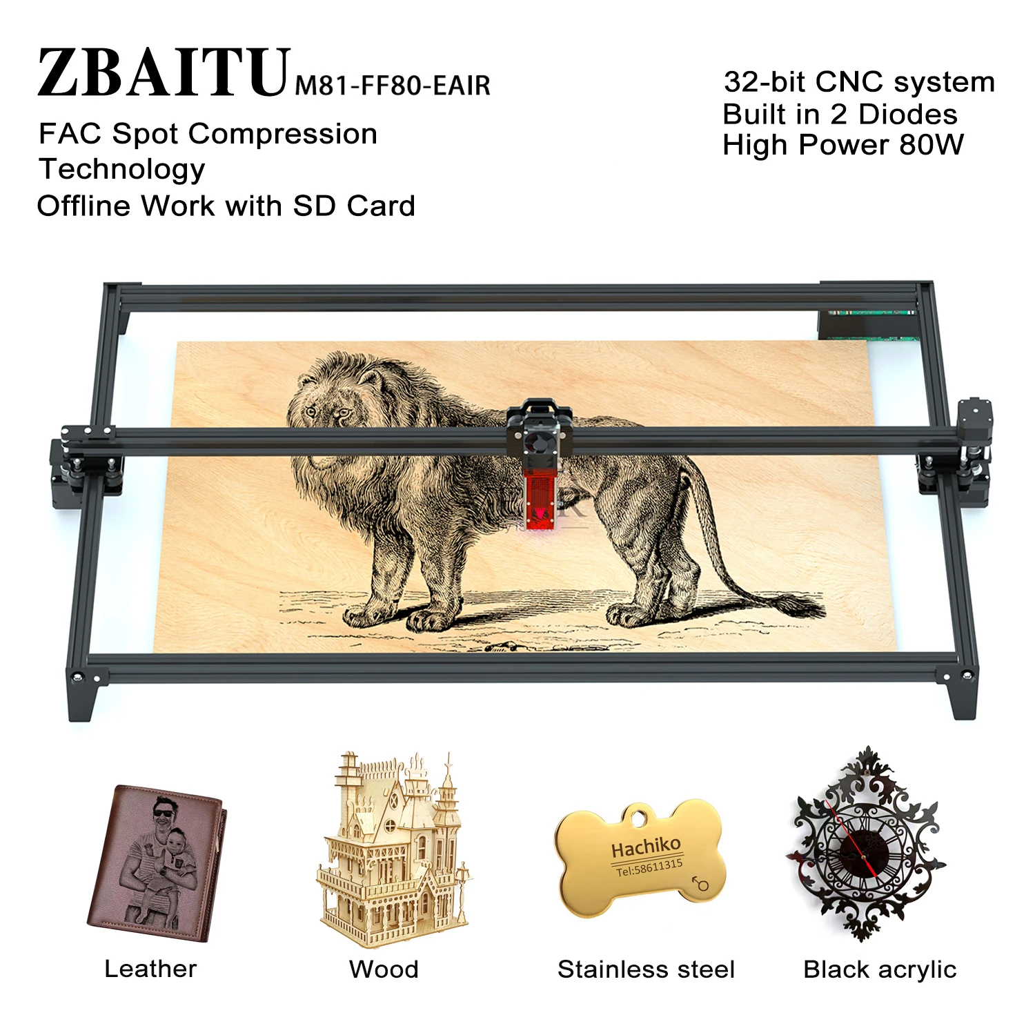 

ZBAITU Large Area 81X46cm Laser Engraver, Wood Cutting Machine, DIY Logo Remark With FF80 10W Laser Head Air Bump Aassisted