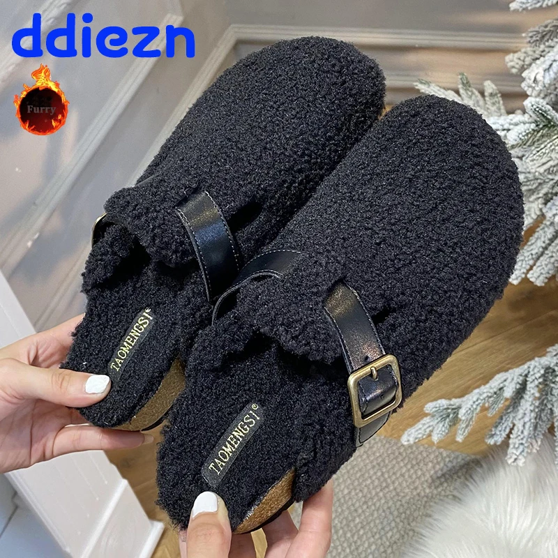 

Мюли женские меховые, модные зимние теплые тапки на плоской подошве, с ремешком и пряжкой, шлепанцы для дома и улицы, большие размеры