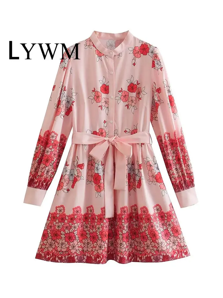 

LYWM Women Fashion With Belt Floral Printed Mini Dress Vintage O-Neck Single Breasted Long Sleeves Female Chic Lady Dresses