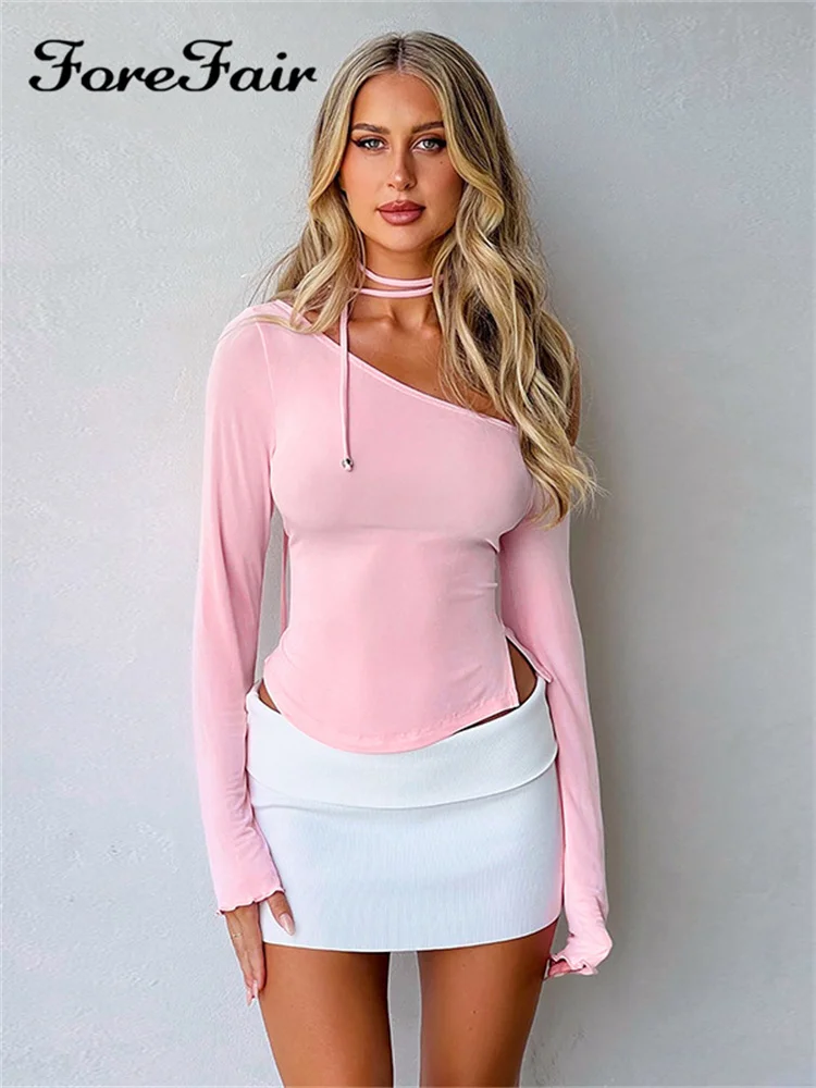 

Forefair Chic Oblique Shoulder Long Sleeve Crop Tops Women 2023 Summer Sexy Slim Y2K Vintage Streetwear T Shirts Casual Outfits