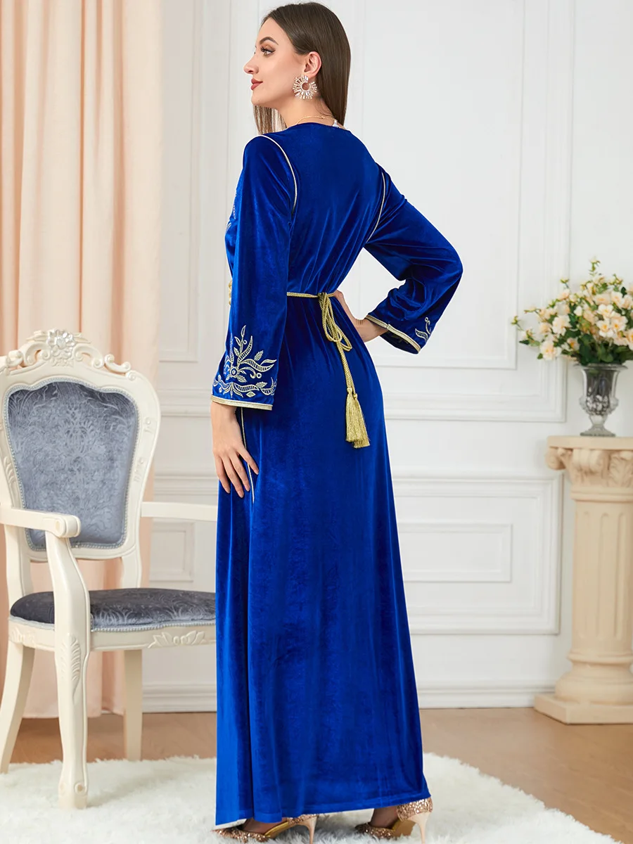 Women's Winter Abaya Velvet Belted Kaftan Jalabiyat Embroidered V-Neck Long Sleeve Dress Morocco Turkey Clothing