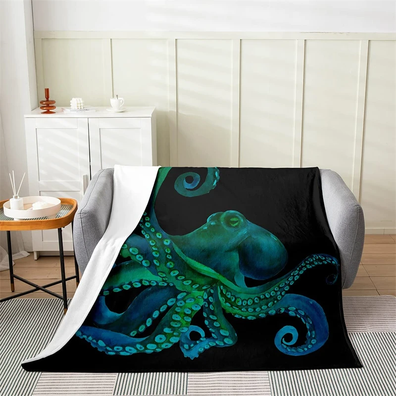 

Octopus Fleece Blanket Four Seasons Coastal Sea Life Blanket for Kids Boys Girls Flannel Blanket Sofa Bed Room Decor Teen Green