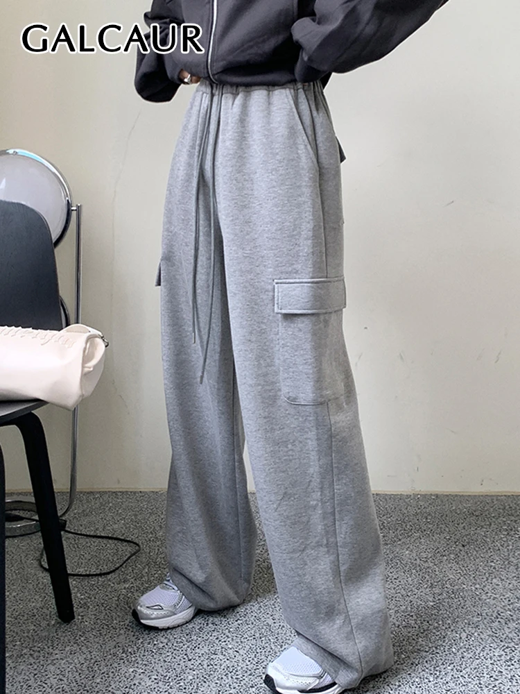 GALCAUR Gray Wide Leg Pants For Women High Waist Patchwork Pockets Casual Fashion Long Trousers Female Clothing Spring 2023 New