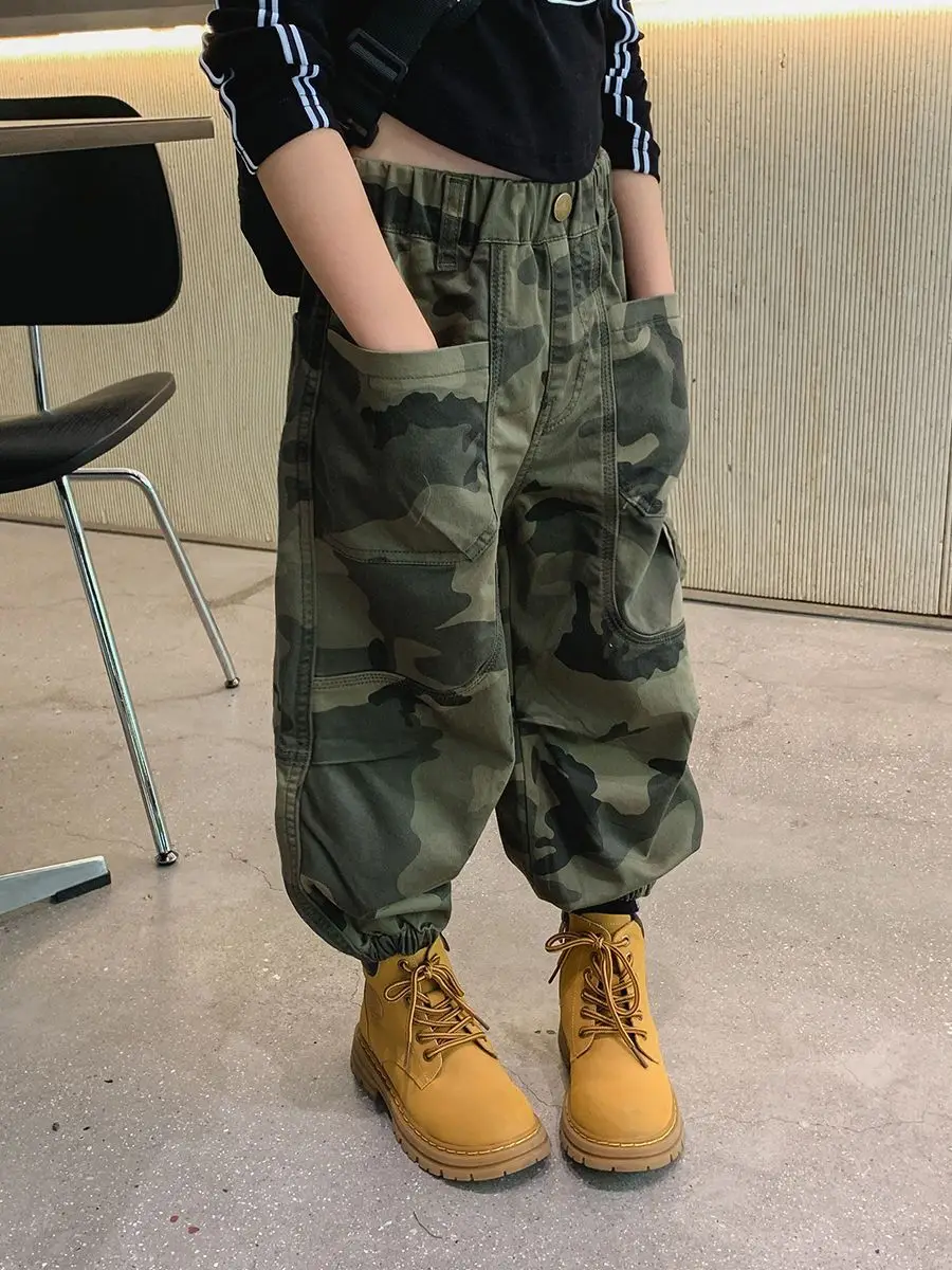 

Spring Autumn 2023 New Loose Children's Western Casual Pants Boy's Handsome Camouflage Cargo Pants Fashion Kids Clothes Pants