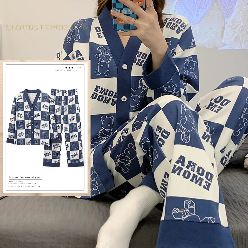 

Spring Autumn Knttted Kimono Women Pajamas Sets Funny Pjs Cartoon Sleepwear Plaid Homewear Girl Pijamas Mujer Pyjama 3XL Fashion