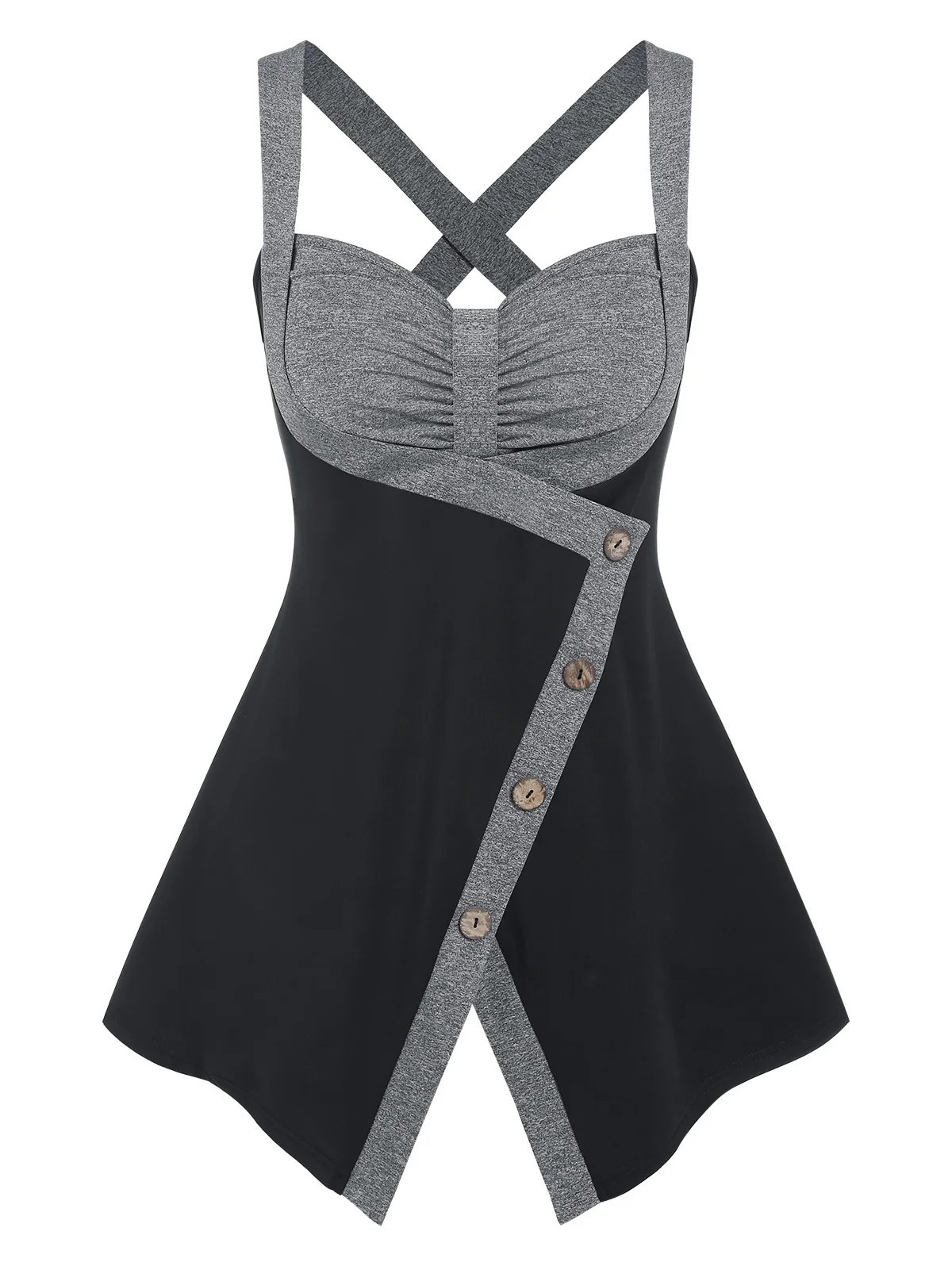 

Готический топ на бретельках в стиле пэчворк с цветными блоками и перекрещивающимися разрезами, двухцветная майка с рюшами, женская футбол...