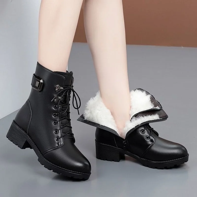 

Botas de inverno feminino fleeced saltos grossos de salto médio martin botas de algodão feminino preto inverno quente mulher