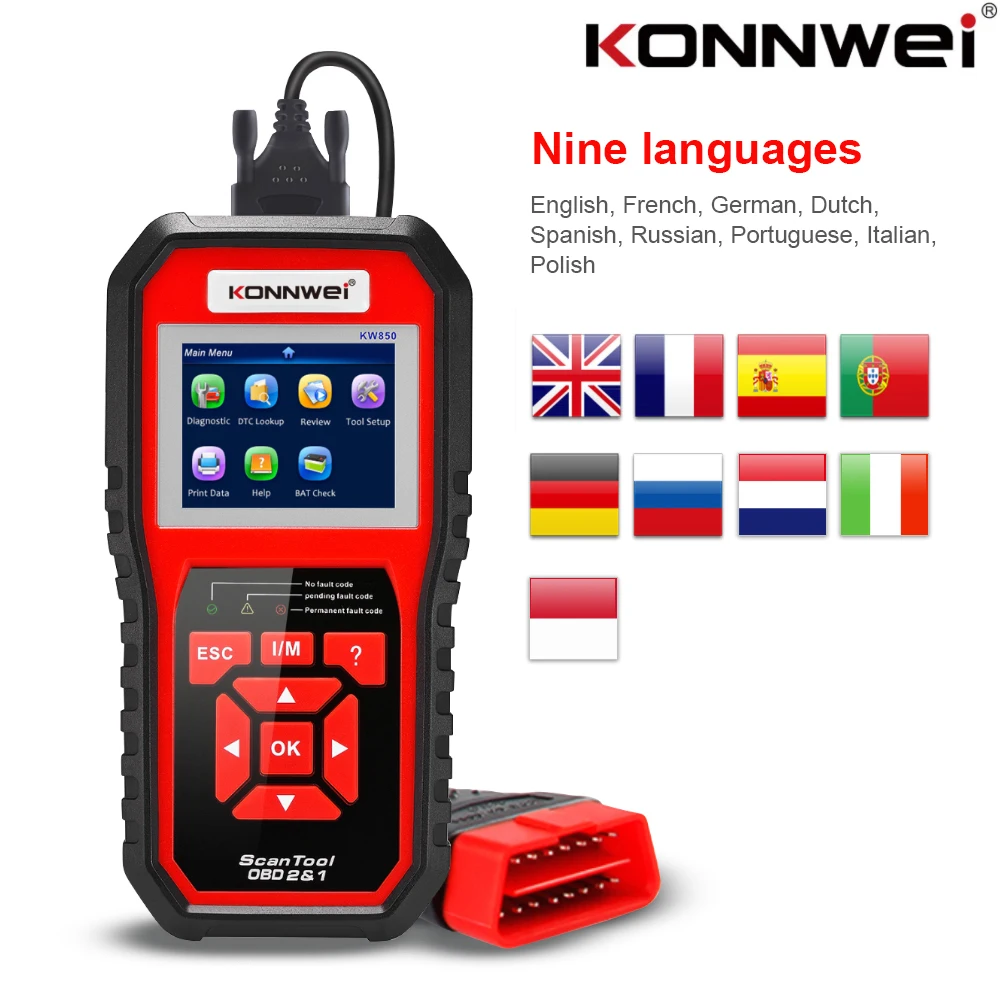 

KONNWEI KW850 Car Diagnostic Scanner Tool OBD 2 Automatic Scanner Check Engine OBDII Code Reader Support 9 Different Languages