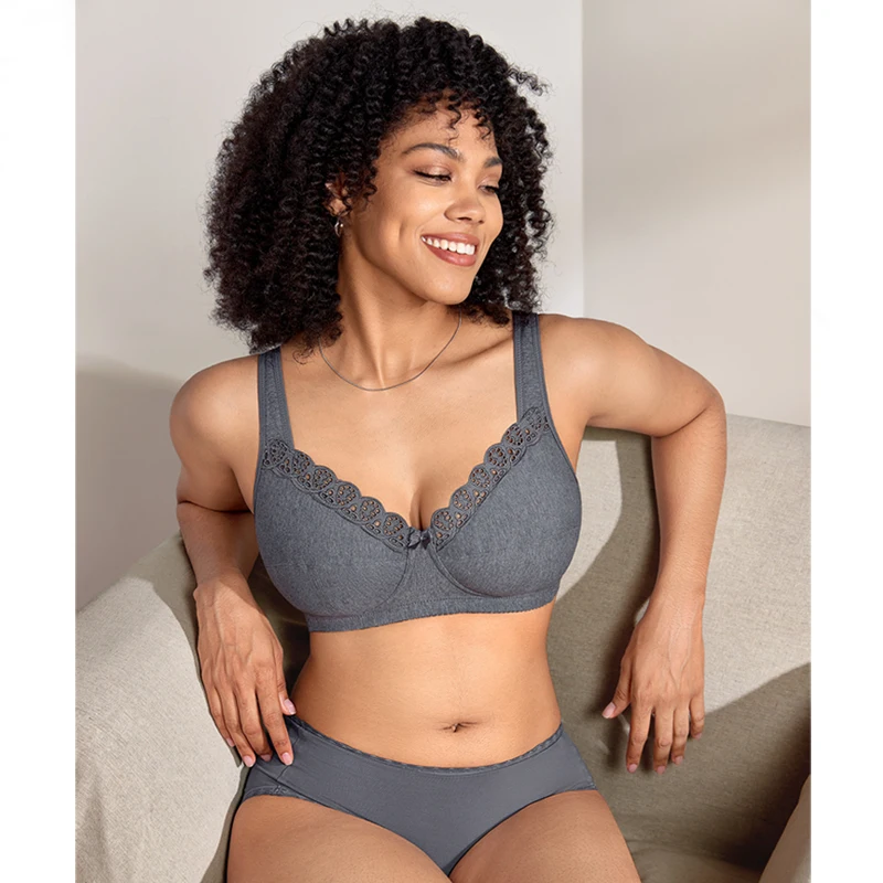 Women's Wireless Plus Size Full Coverage Lace Trim Non-wired Support Comfort Cotton Unlined Bra DD E F G