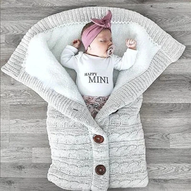

Newborn Baby Winter Warm Sleeping Bag Infant Button Knit Swaddle Wrap Swaddling Stroller Wrap Toddler Blanket baby Sleeping Bag