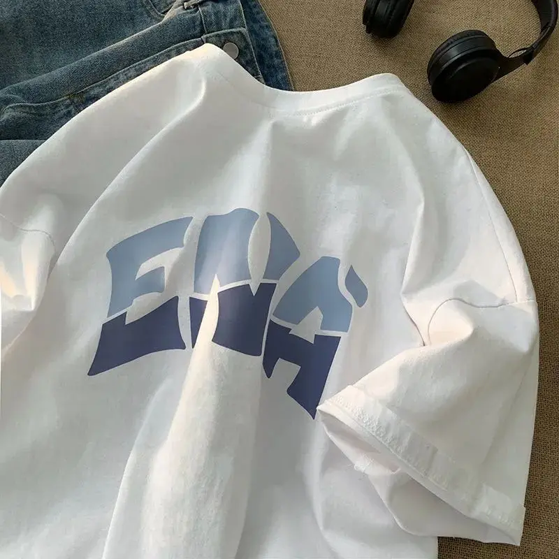 

American Creative Letter Printing Short Sleeve T-shirt for Men and Women INS Summer Loose Casual Couple Round Neck Top Clothing