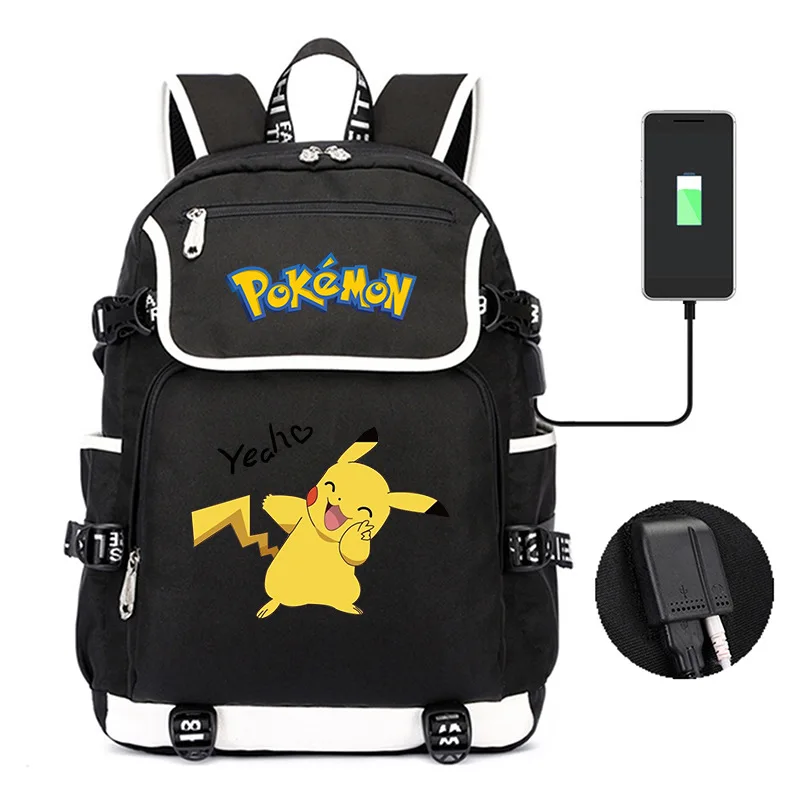 Mochila de Pokémon Pikachu Monster Anime con puerto USB, bolsa para libros...