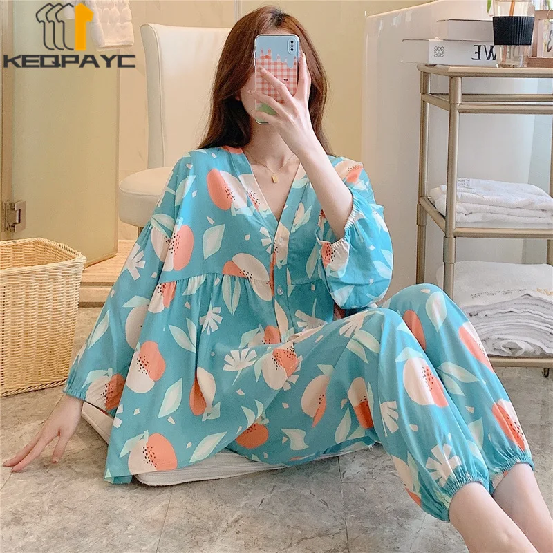 Women's Pajamas New 2023 Spring Autumn Long Sleeve V-neck Thin Cardigan Sleepwear Women Fashion Print Nightwear Clothing Sets