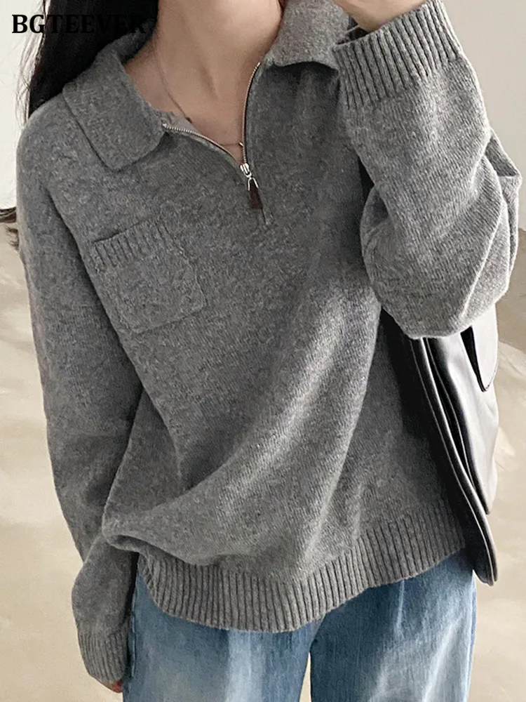 

Свитер BGTEEVER Женский на молнии с лацканами, свободный трикотажный пуловер с длинным рукавом и карманами, Осень-зима