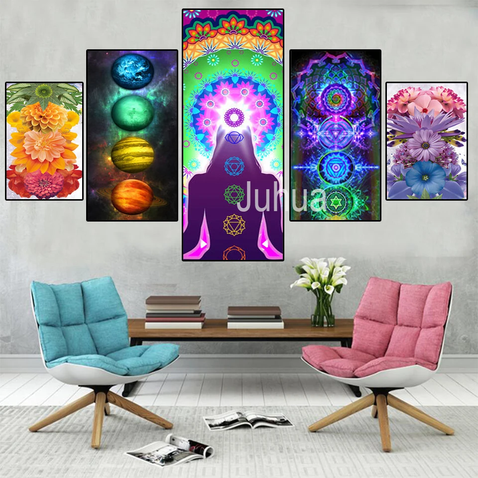 

5 Piece Diamond Painting Bohemian Seven Chakras Multicolor Planet Butterfly Flower 5D Full Diamond Art Picture Home Decoration