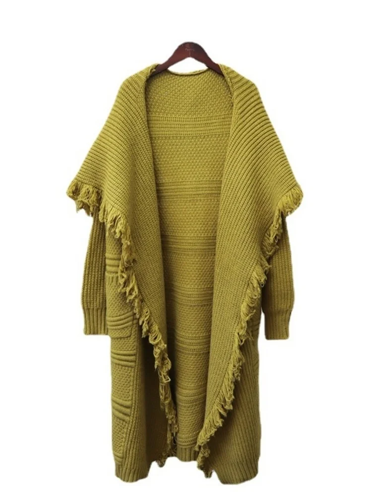 

Женский длинный вязаный кардиган с воротником-шарфом и длинным рукавом