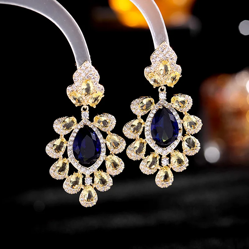 

Flower Water Drop Cubic Zircon Crystal Jewellery Big Blue Green CZ Crystal Long Dangle Wedding Earrings for Women Accessories
