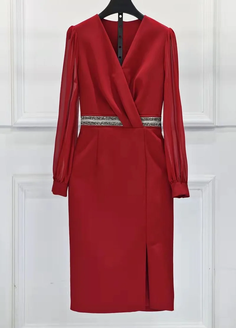 

XXL Party Bodycon Dress 2022 Autumn Style Women V-Neck Sequined Deco Long Sleeve Midi Black Red Pencil Dress Ladies Work Wear