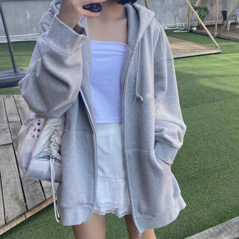 Women Hoodies Harajuku Korean Version Zip Up Loose Oversized Sweatshirts Casual Solid Color Long Sleeve Hooded Sweatshirt Coats