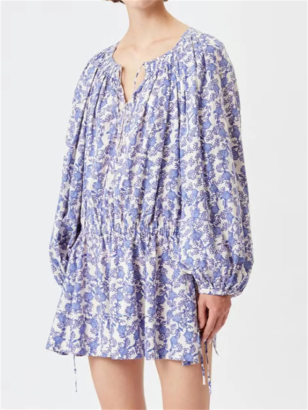 Women's 100% Cotton Vintage Printed Mini Dress 2023 Summer New Ladies O-Neck Lantern Sleeve Drawstring Waistband Lace Up Robe