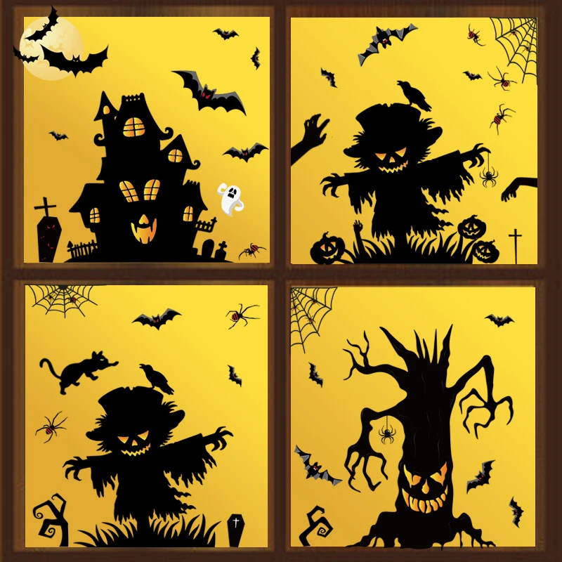 

2023 Halloween Glass Window Stickers Horror Haunted House Scarecrow Tree Bat Sticker Happy Halloween Party Decorations for Home