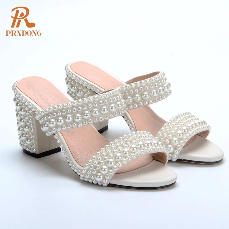 

PRXDONG INS Brand Genuine Leather Women's Shoes String Bead High Heels Open Toe Dress Party Wedding Female Sandals Big Size 43