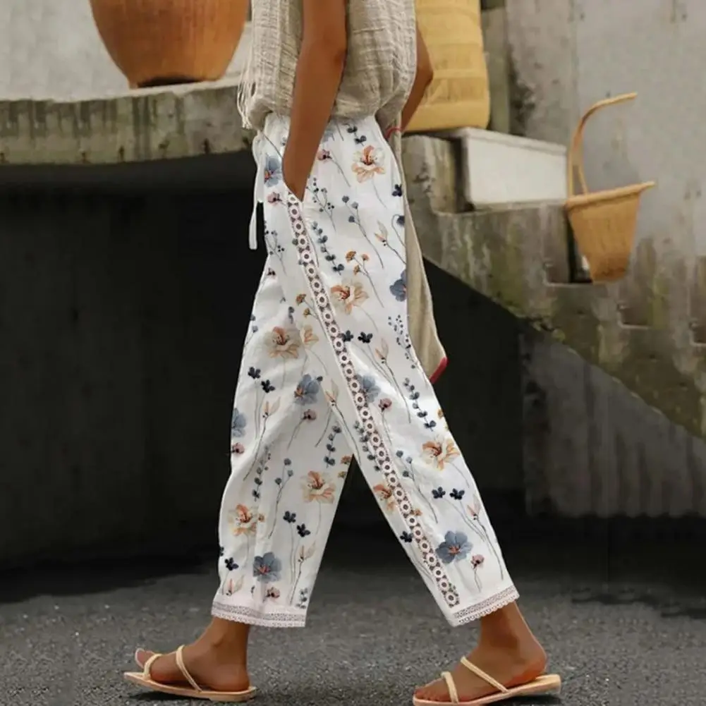 Mid-rise Drawstring Casual Pants Wide Leg Lace Stitching Pockets Thin Summer Floral Print Women Pants Streetwear