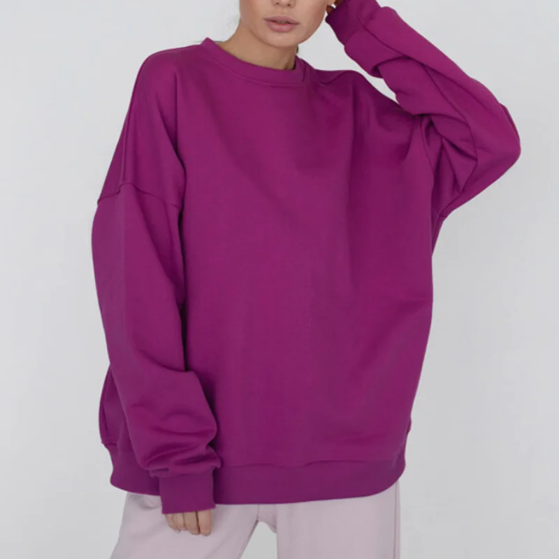 

New Purple Round Neck Cotton Loose Pullover Woman Clothes Long Sleeve Simple Winter Sweatshirt Women Fashion Casual Sporty 2022