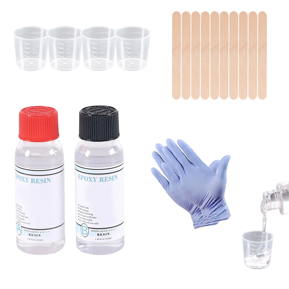 

1:1 AB Epoxy Resin Glue Kits High Adhesive Crystal Glue Tool Set With Measuring Cups Stick Silicone Gloves DIY Making Supplies