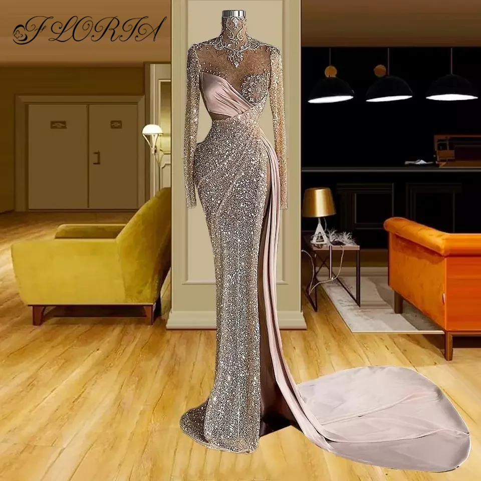

Luxury Sheer Neck Sexy Pink Mermaid Prom Dresses 2023 Long High Split Crystal Beaded Evening Dress for Women Wedding Gowns Novia