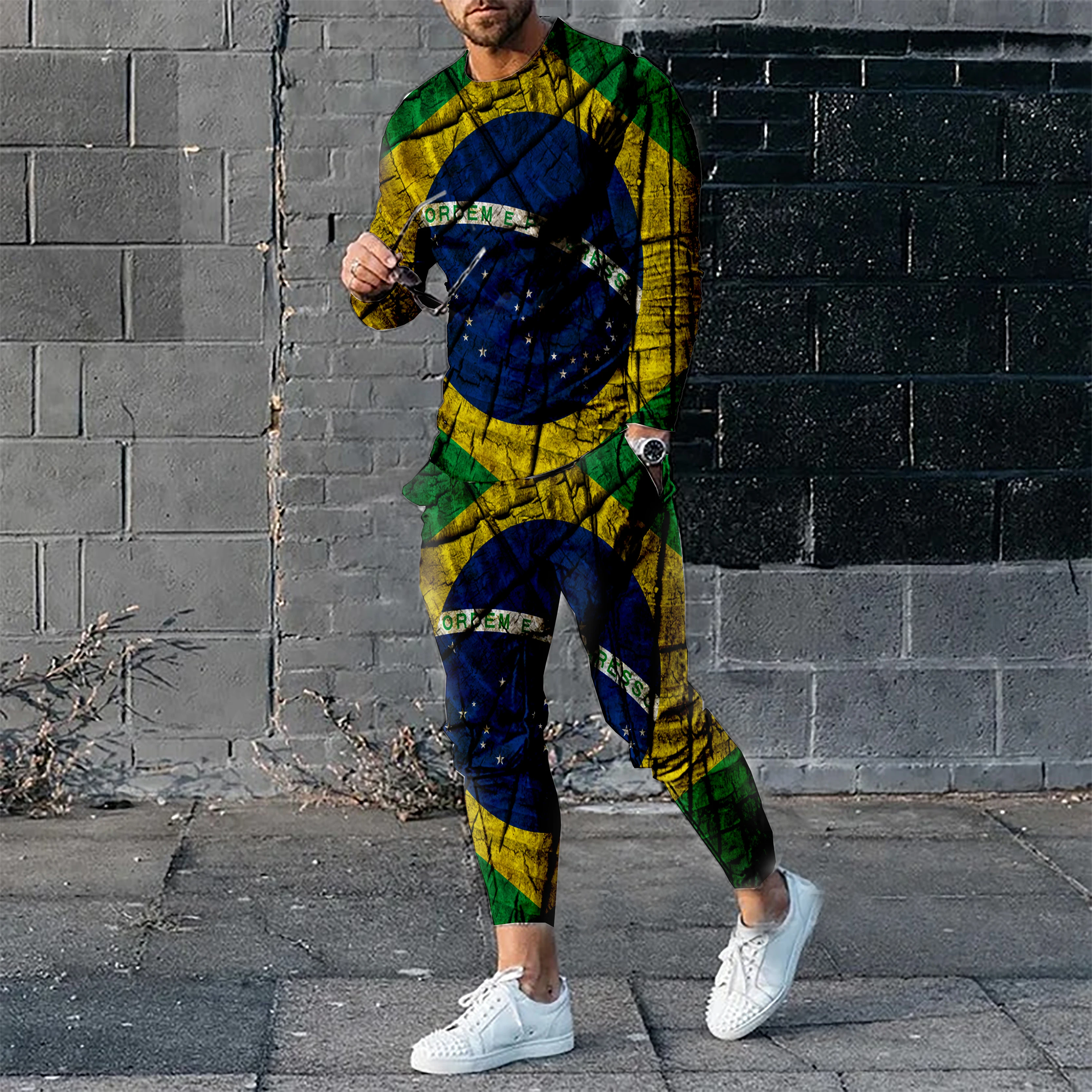 

Spring And Autumn Men's Long Sleeve Suit Brazilian Flag Printed Football SportSwear Long Sleeve Trousers Suit Fitness Jogging