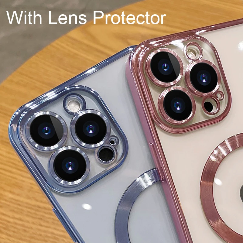 Luxury Magnetic For Magsafe Wireless Charge Phone Case For iPhone 14 13 11 12 Pro Max Glass Lens Protector Silicone Clear Cover