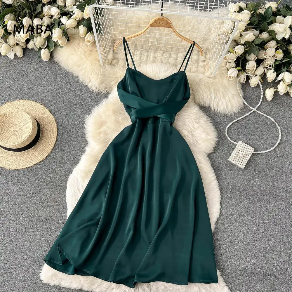 

Beach Holiday Spaghetti Strap Dress Women 2022 Summer Sexy V-neck Sleeveless High Waist Solid Color Elegant Party Bandage Dress