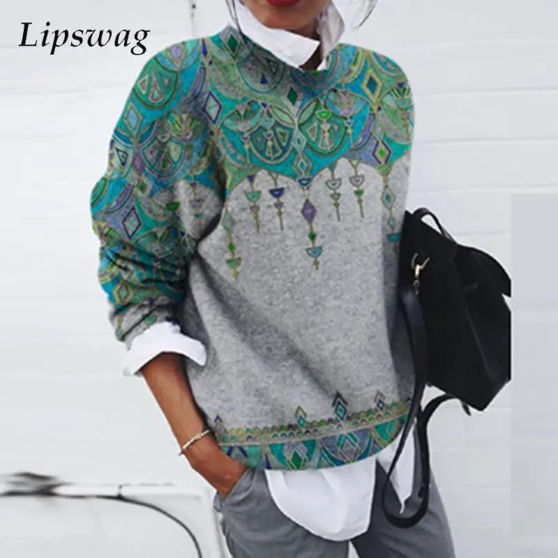 

2022 Spring Long Sleeve Color Block Tops Pullovers Crew Neck Geometric Printed Women Sweatshirt Casual Women Loose Long Shirts