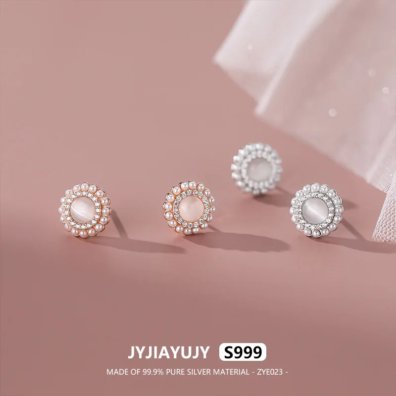 

JYJIAYUJY 100% Pure Silver S999 Earrings 10.5MM Round Design With White Zircon Opal High Quality Jewelry Gift Daily Use ZYE023