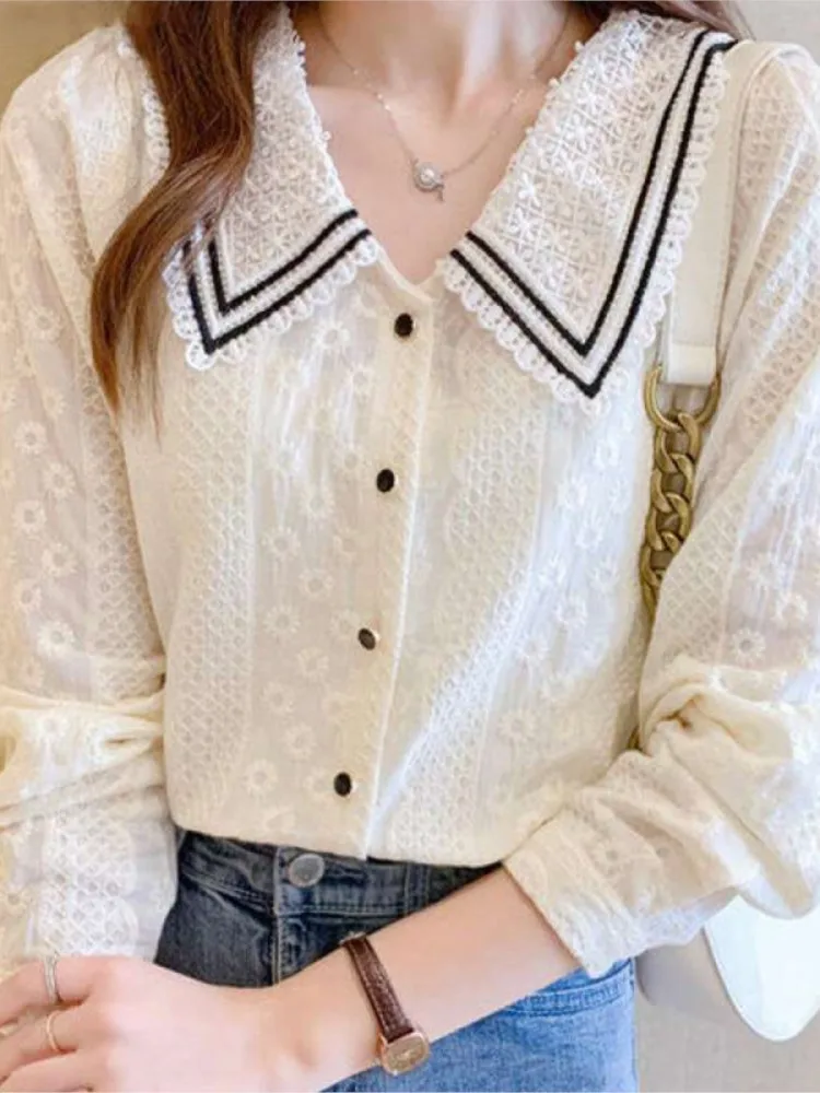 

Temperament Shirt Women's Clothing 2022 Spring Fashion Sweet With Puff Sleeves Peter Pan Collar Tops T56-8705