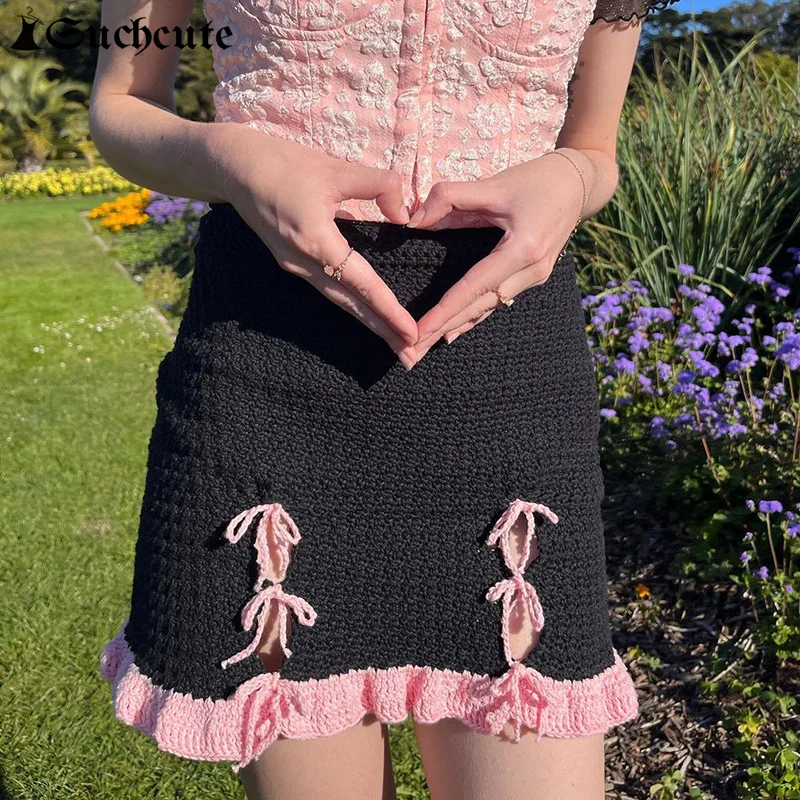 

SUCHCUTE Woolen Short Skirts Women Contrast Color Bow Cute Sexy Fairycore High Waist Y2K Aesthetics Mini Skirts Patchwork Bottom