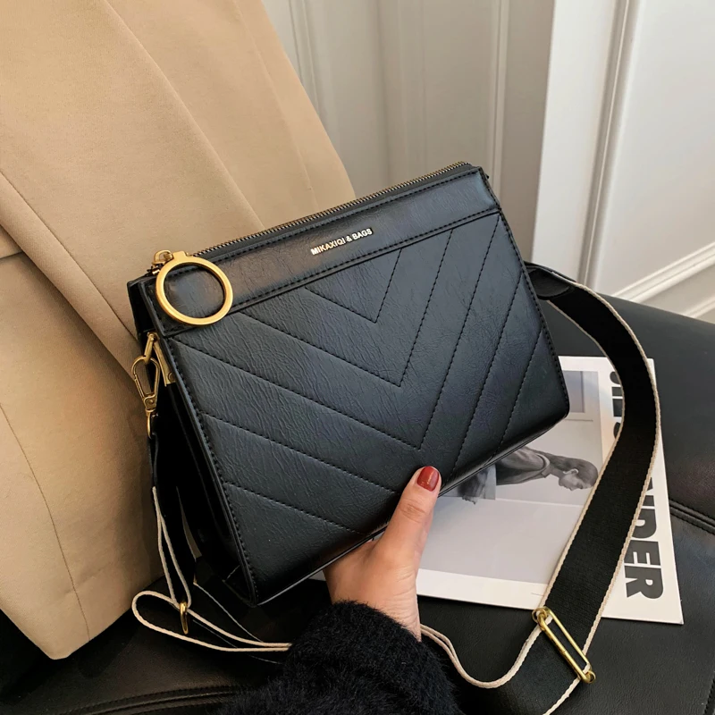 

Женская простая повседневная сумка через плечо с широким ремнем, женская сумка-мессенджер, текстурная роскошная дизайнерская женская сумк...